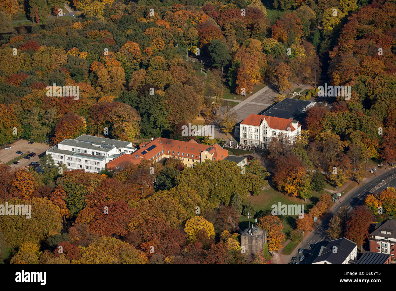 Aerial view, Kurpark spa park, Kurhaus spa building Hamm, Ruhr area, North Rhine-Westphalia Stock Photo