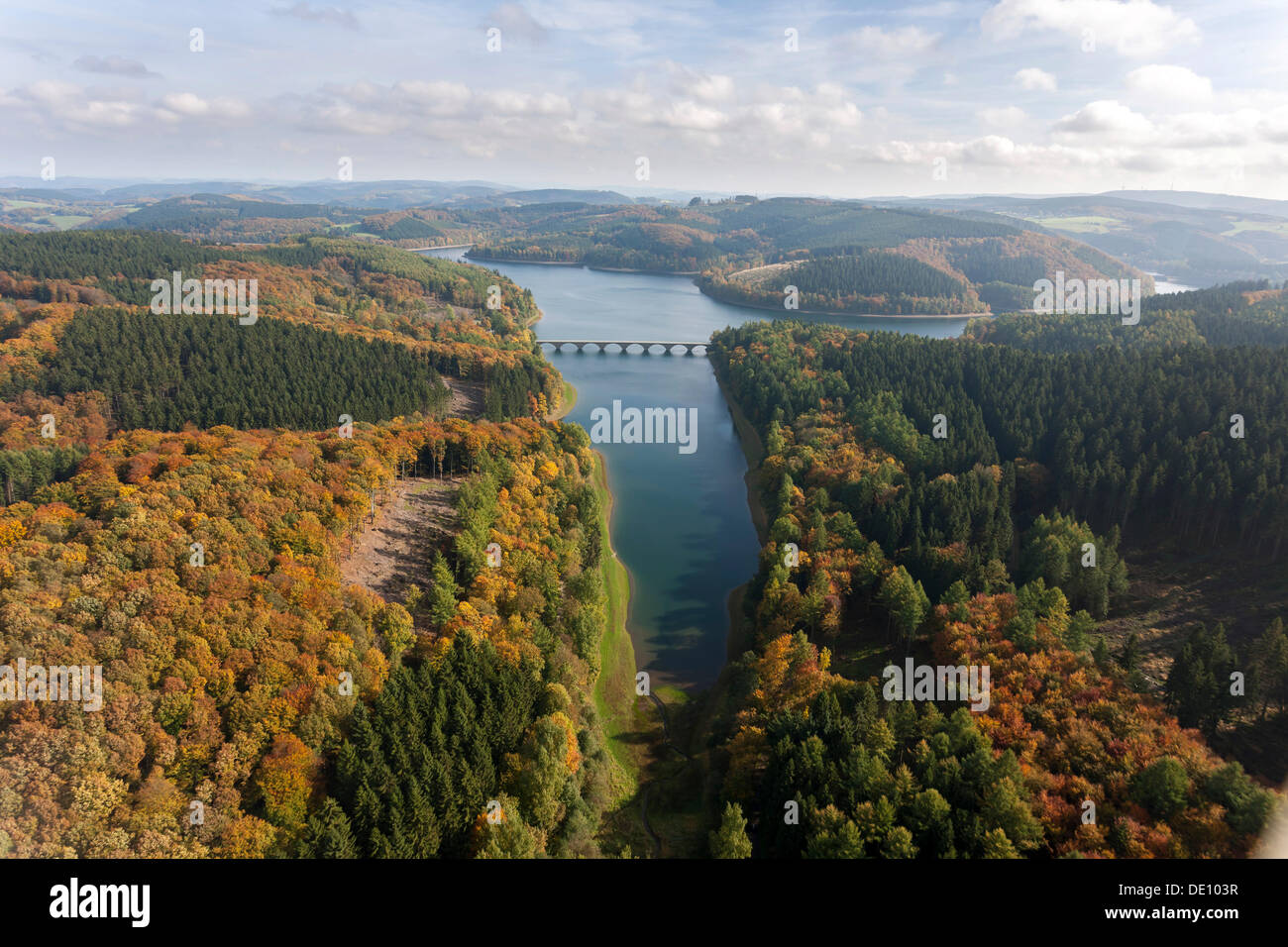 Aerial view, Verse Reservoir in autumn, Luedenscheid, Sauerland, North Rhine-Westphalia Stock Photo