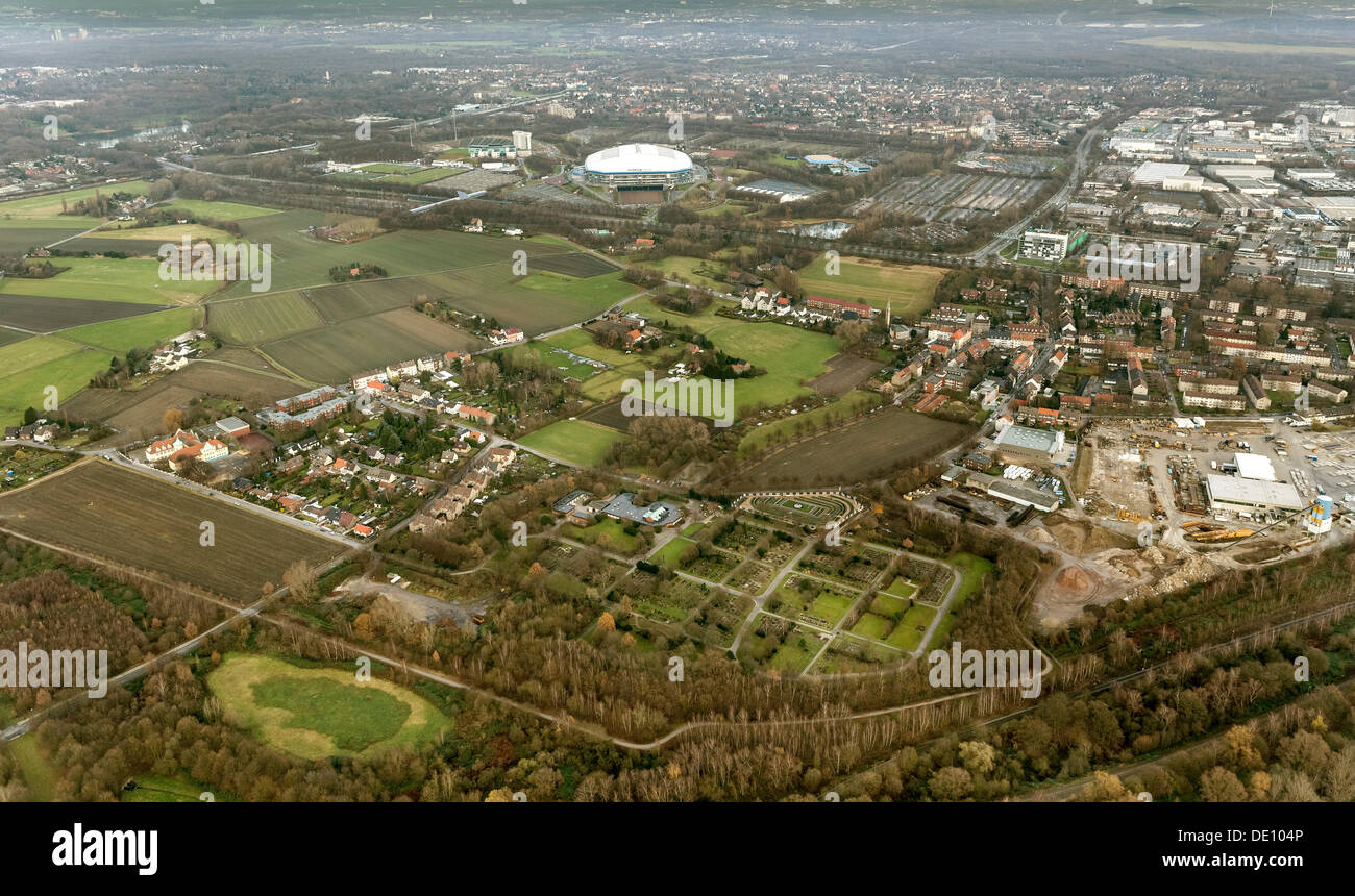 Aerial view, cemetery plot where fans of the traditional football club Schalke 04 can be buried, at Friedhof Beckhausen-Sutum Stock Photo