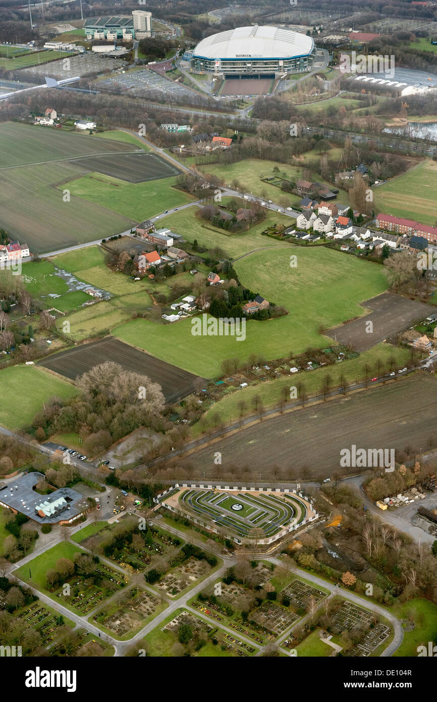 Aerial view, cemetery plot where fans of the traditional football club Schalke 04 can be buried, at Friedhof Beckhausen-Sutum Stock Photo