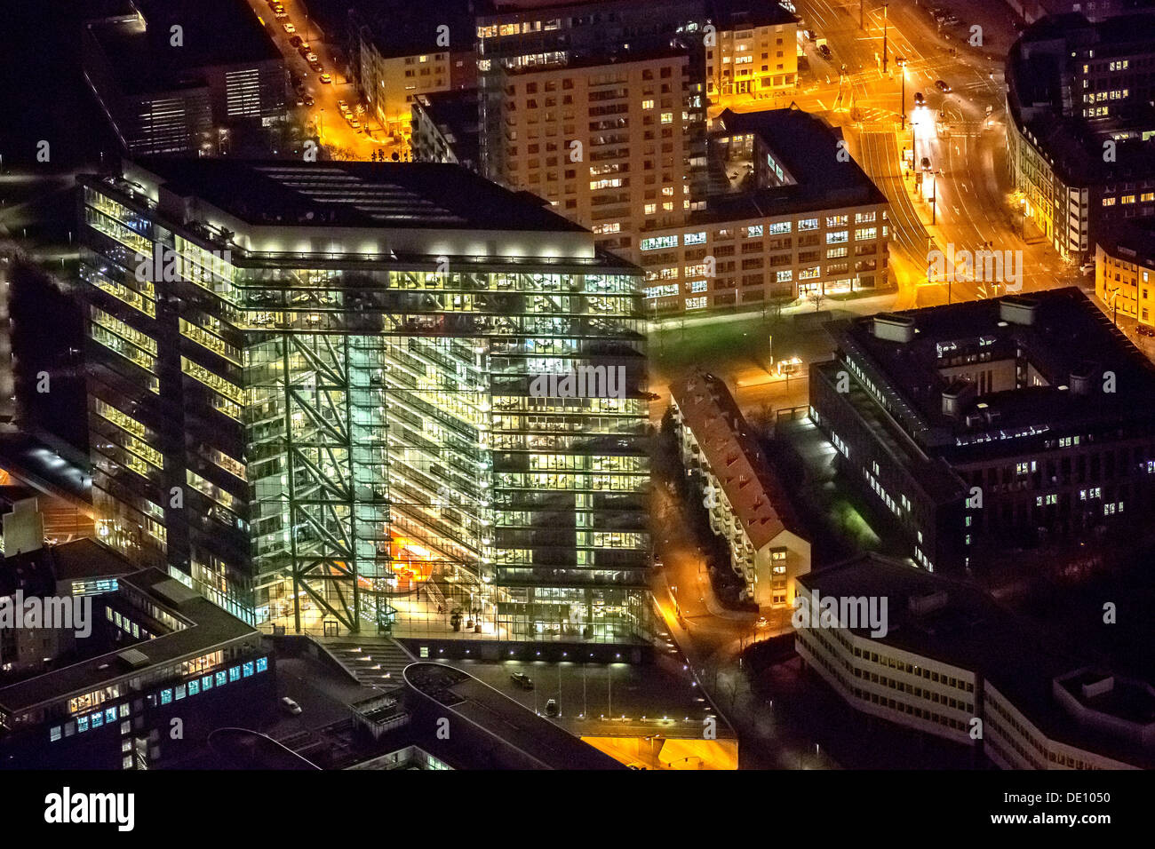 Aerial view, Stadttor, city gate, seat of the State Chancellery, night scene, Duesseldorf, Rhineland, North Rhine-Westphalia Stock Photo