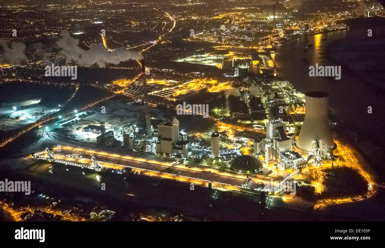 Aerial view, coal-fired power plant in Duisburg-Walsum, STEAG, municipal utility, Rhine, at night Stock Photo