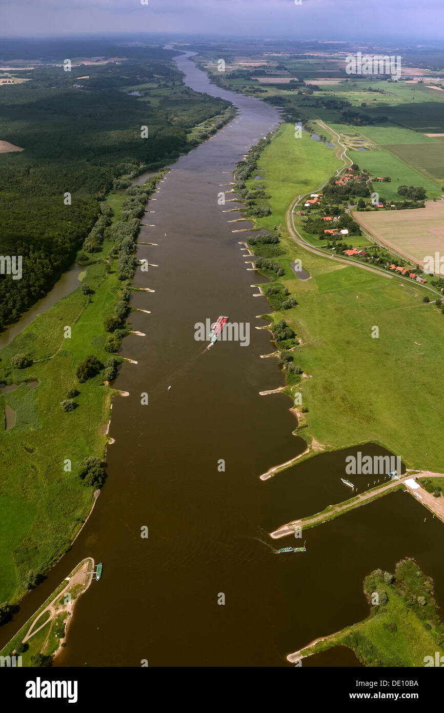 Aerial view, Elbe River with cargo ship, river vessel Stock Photo