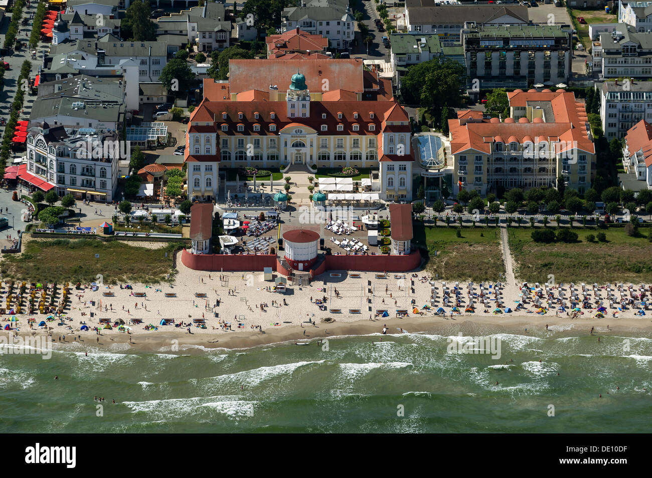 Aerial view, beach with the Kurhaus Binz spa resort in Binz on the island of Ruegen Stock Photo