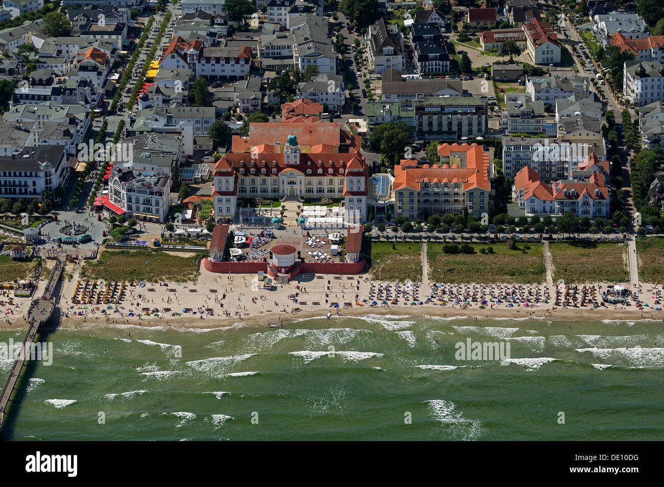 Aerial view, beach with Kurhaus Binz spa resort, Binz on the island of Ruegen Stock Photo