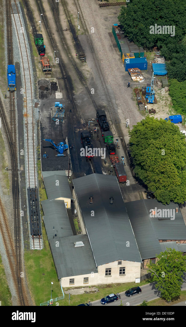 Aerial view, railway station and depot of the narrow gauge railway, Rasender Roland, in Putbus on the island of Ruegen Stock Photo