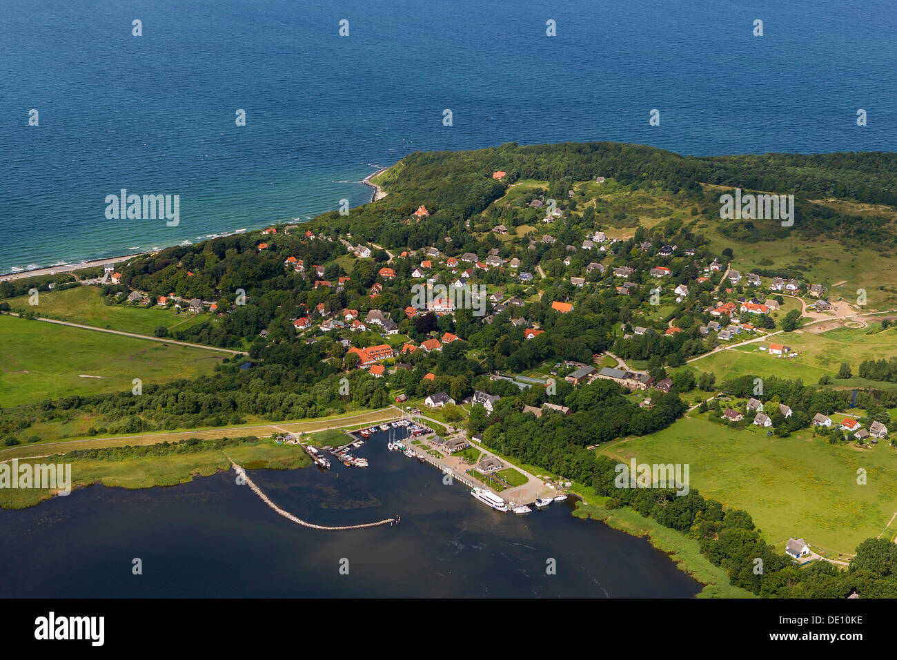 Aerial view, Baltic Sea port of Kloster on Hiddensee Island Stock Photo