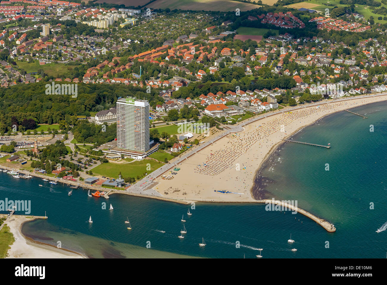 Aerial view, Trave estuary, Maritim Hotel, beachside hotel Stock Photo