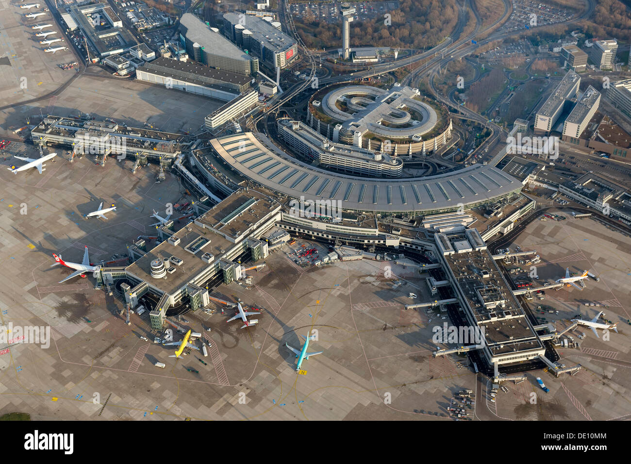 Aerial view, Terminal A, B and C, Duesseldorf Airport Stock Photo