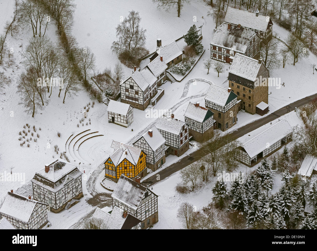 Aerial view, LWL-Freilichtmuseum or Westphalian Open-Air Museum Hagen in winter, half-timbered houses Stock Photo