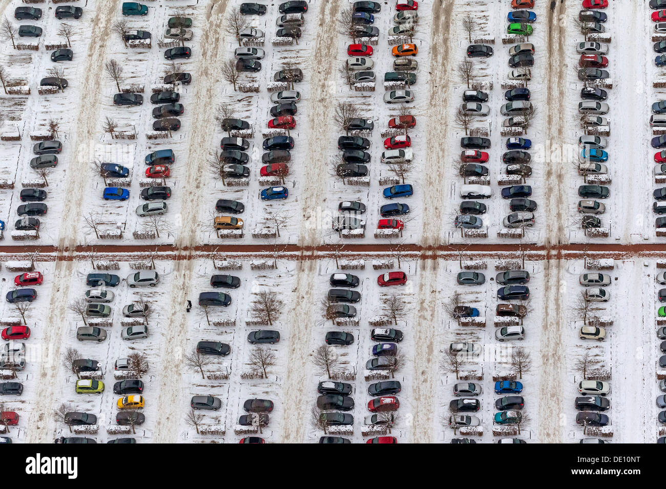 Aerial view, snow-covered parking lot Stock Photo