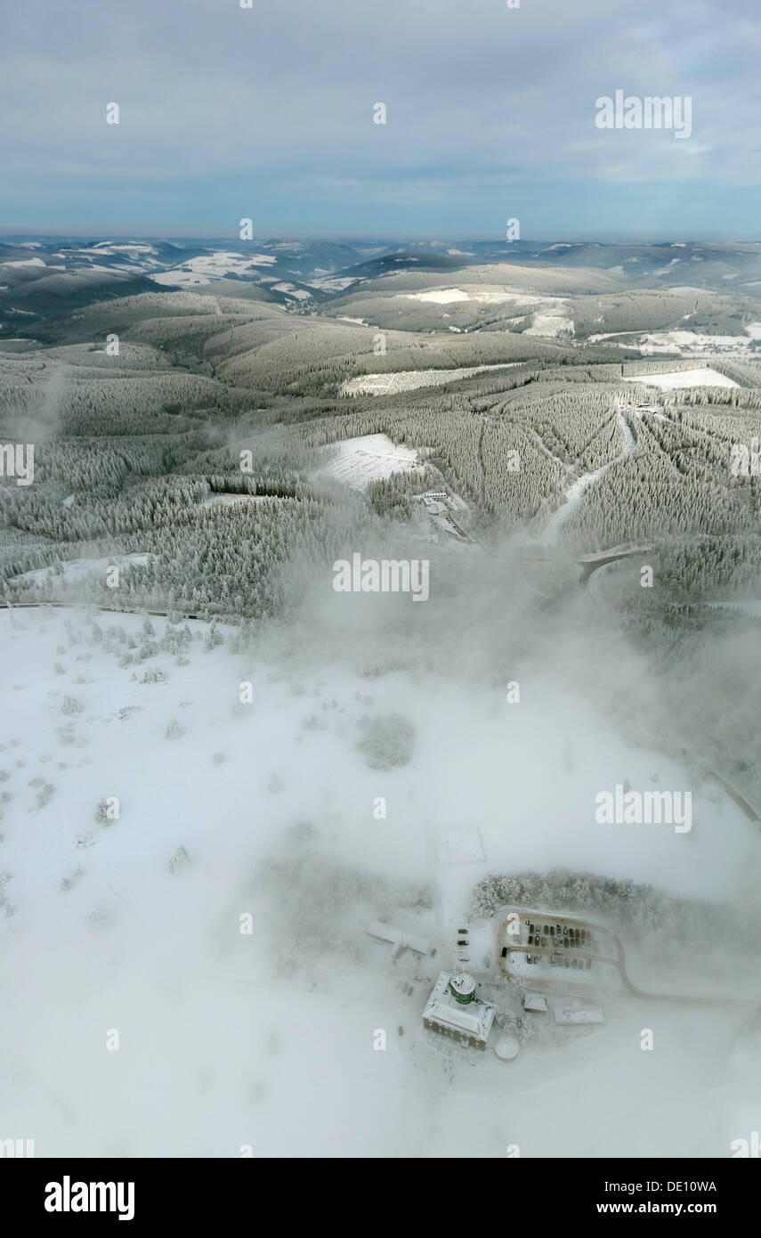 Aerial view, weather station in the fog, in clouds, in winter, Mount Kahler Asten, Hochheide heathland Stock Photo