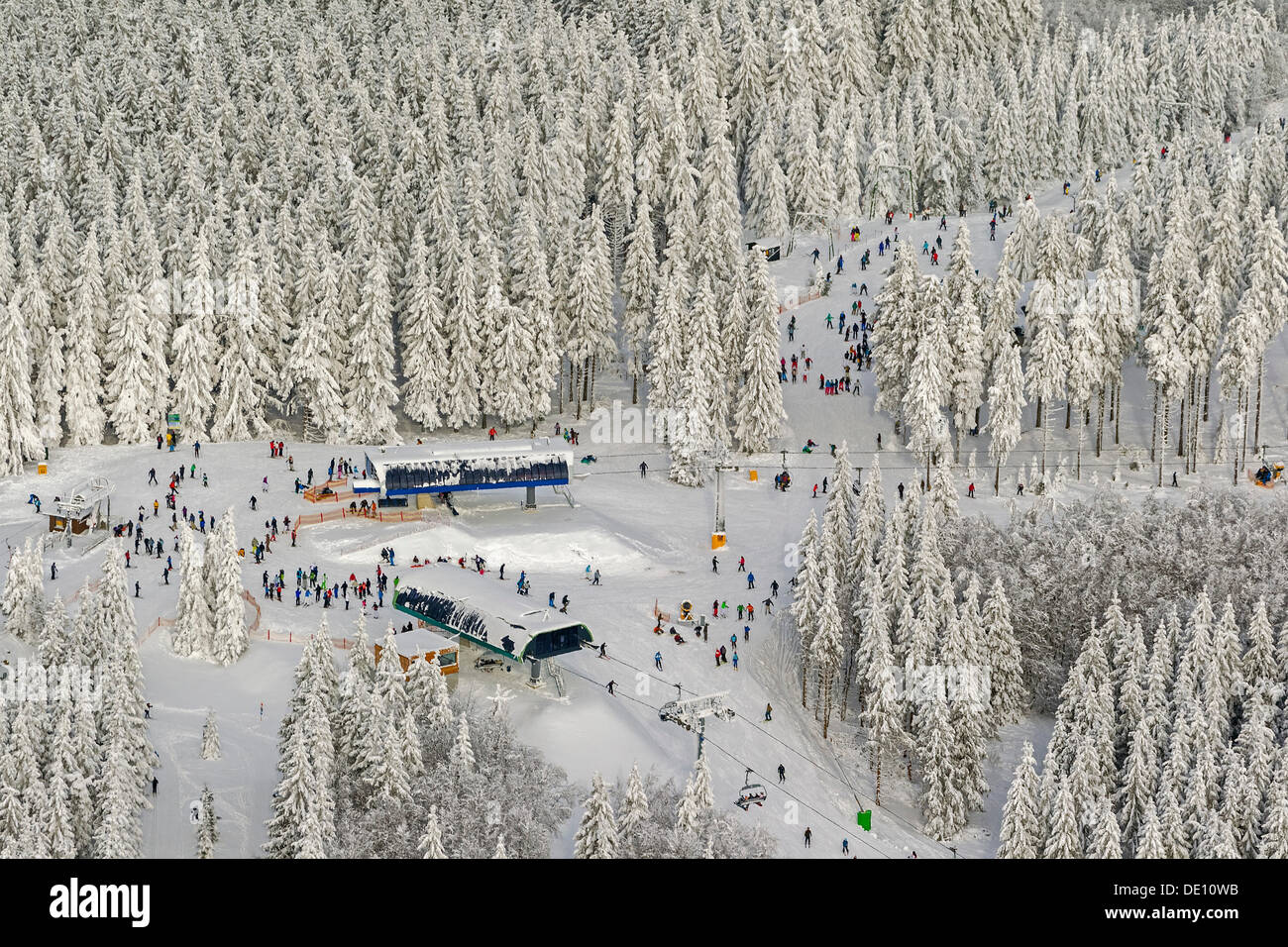 Aerial view, mountain station of the ski lift in winter Stock Photo