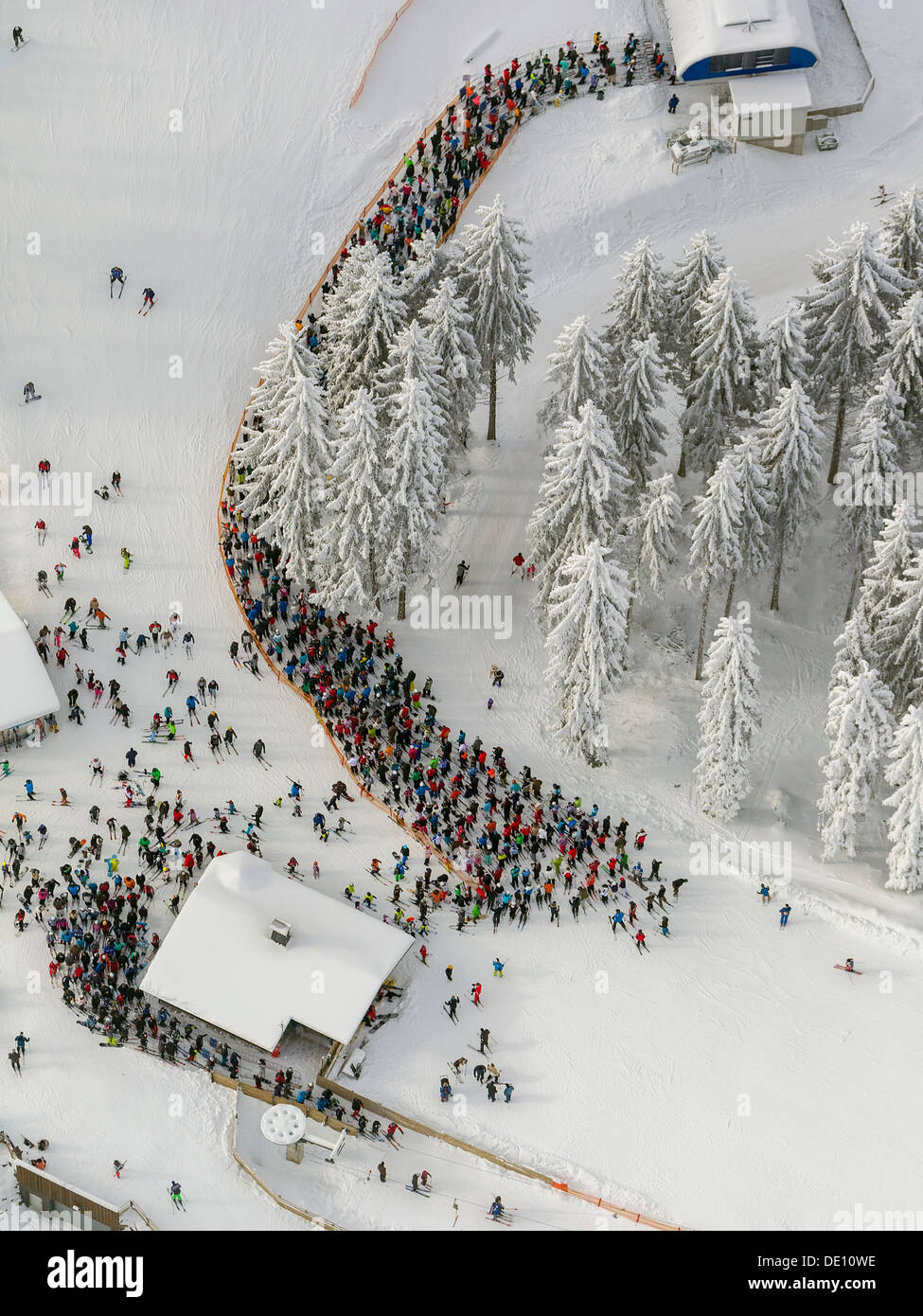 Aerial view, queues at the ski lift Stock Photo