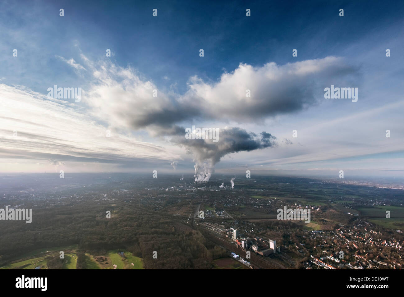 Aerial view, Scholven Power Station, vapor cloud over Herten and Westerholt Stock Photo