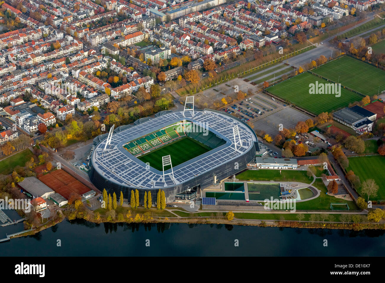 Aerial view, Weser Stadium, Wuseum, photovoltaic system Stock Photo