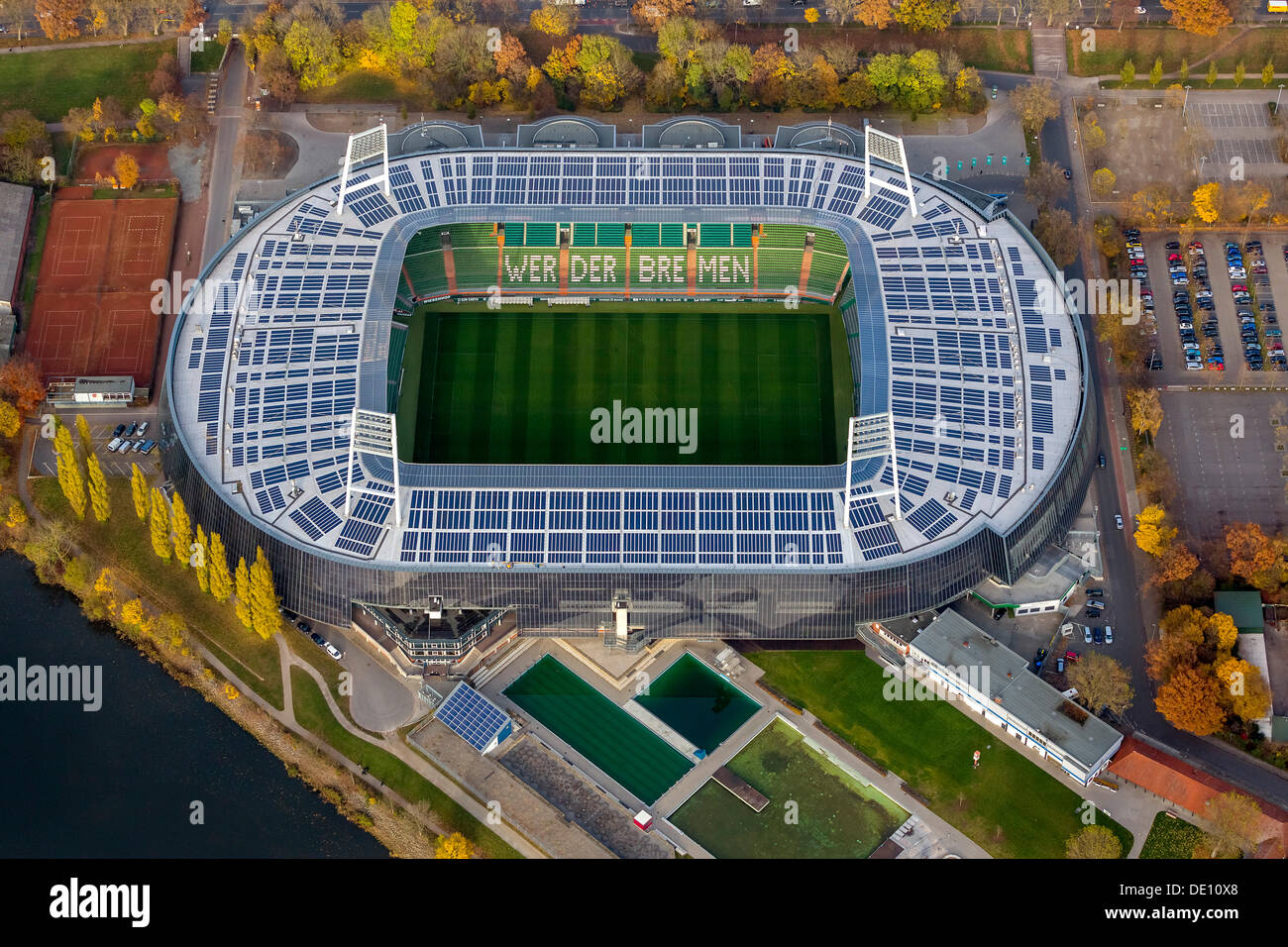 Aerial view, Weser Stadium, Wuseum, photovoltaic system Stock Photo