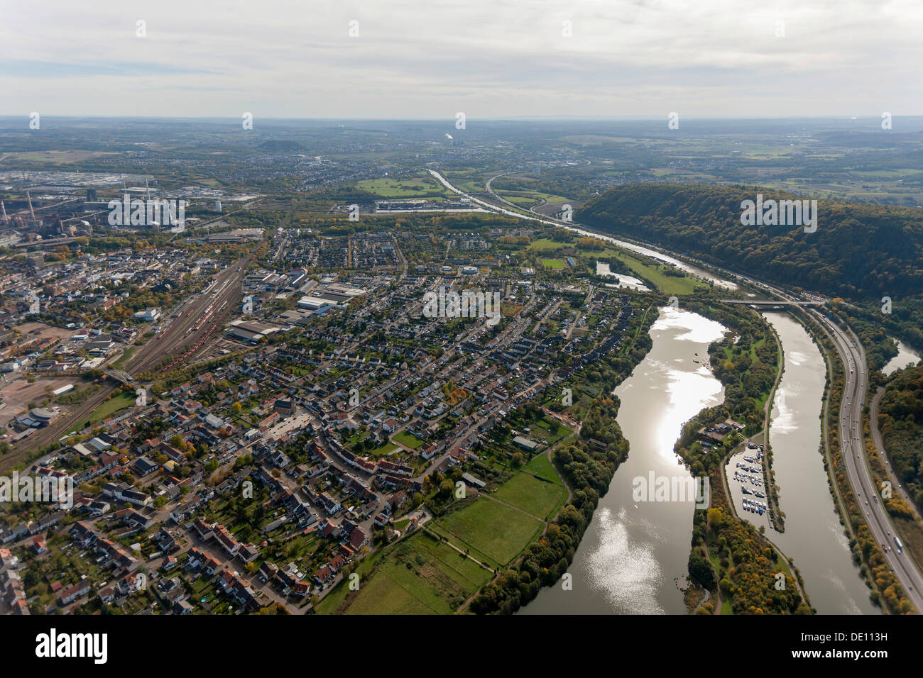 Aerial view, Saar River at Dillingen Stock Photo