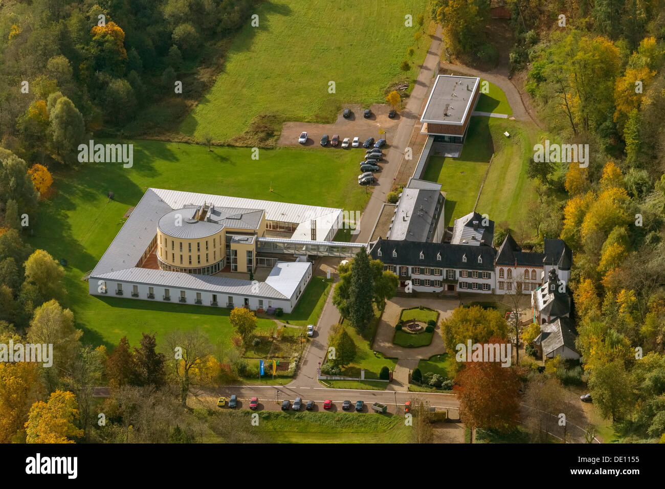 Aerial view, ruins of Burg Dagstuhl Castle beside the Leibniz Centre for Computer Science Stock Photo