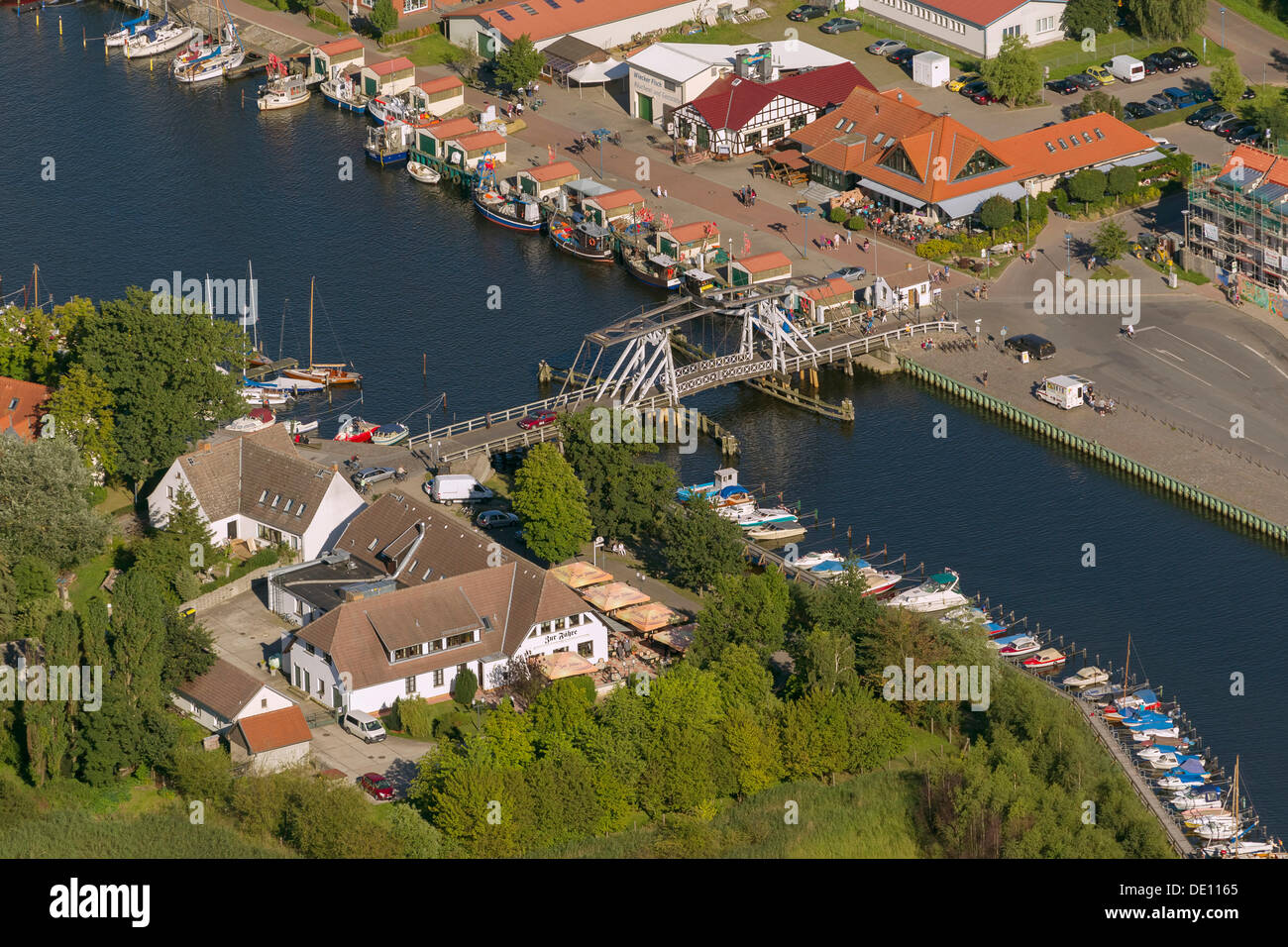 Aerial view, bascule bridge on the Peene River Stock Photo