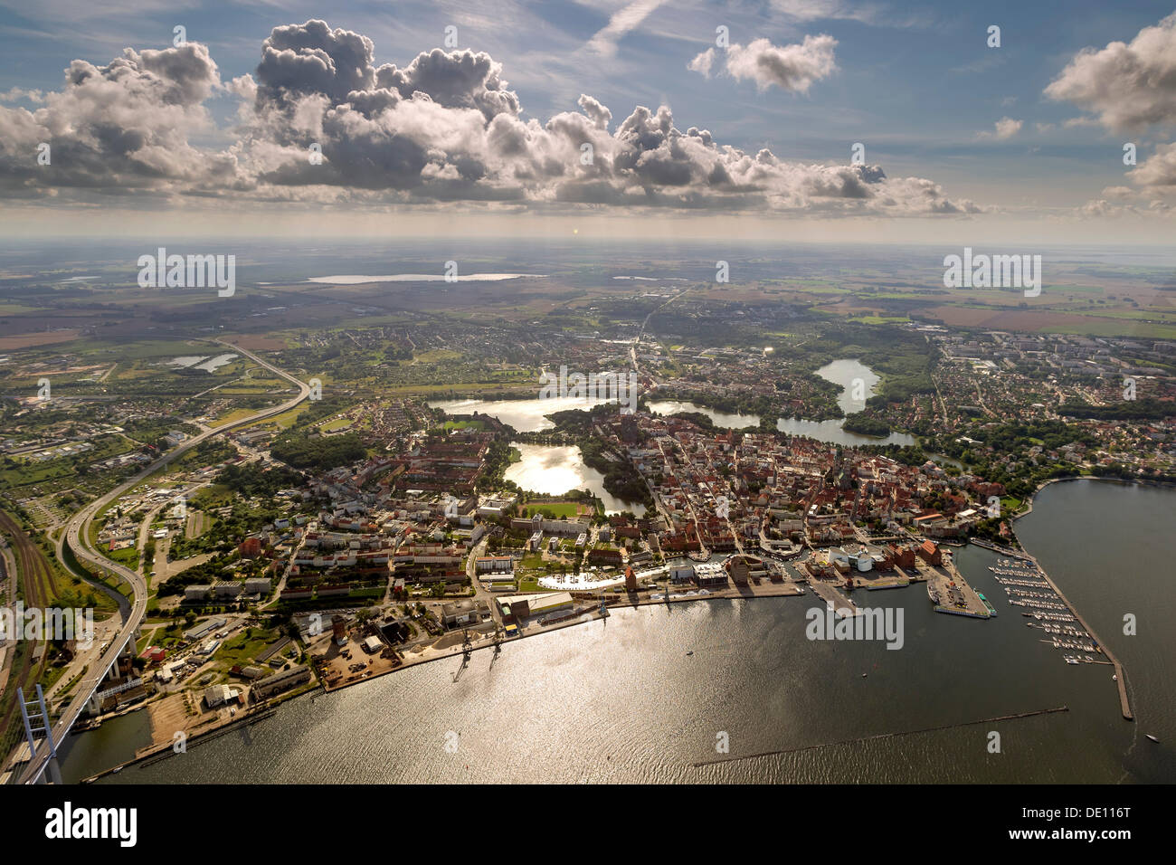 Aerial view, harbour, marina with the German Oceanographic Museum and the Ozeaneum aquarium, old town island surrounded by water Stock Photo