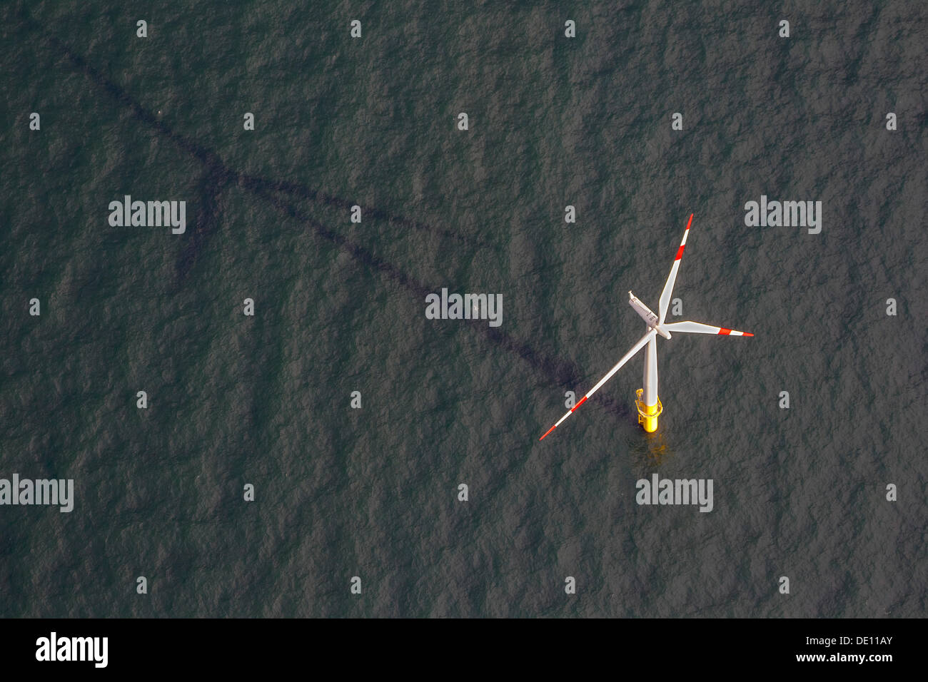 Aerial view, EnBW Baltic 1 offshore wind farm in the Baltic Sea, wind turbine with its shadow Stock Photo