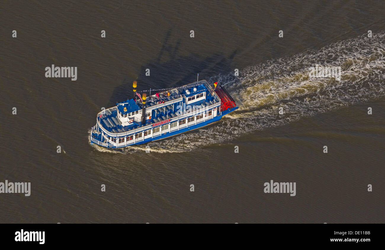Aerial view, Mississippi steamboat, riverboat near the Mueggenburg ferry dock Stock Photo