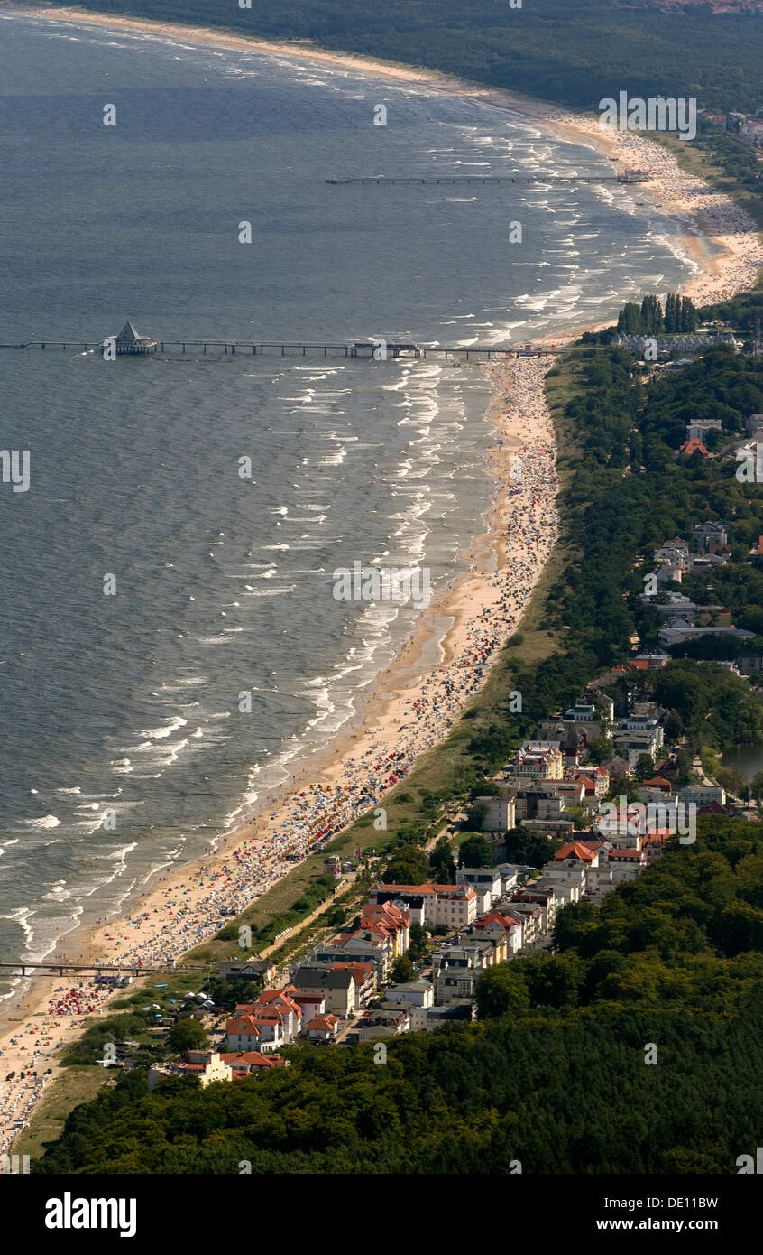 Aerial view, Seebad Bansin, part of the seaside resort of Heringsdorf, Baltic Sea beach Stock Photo