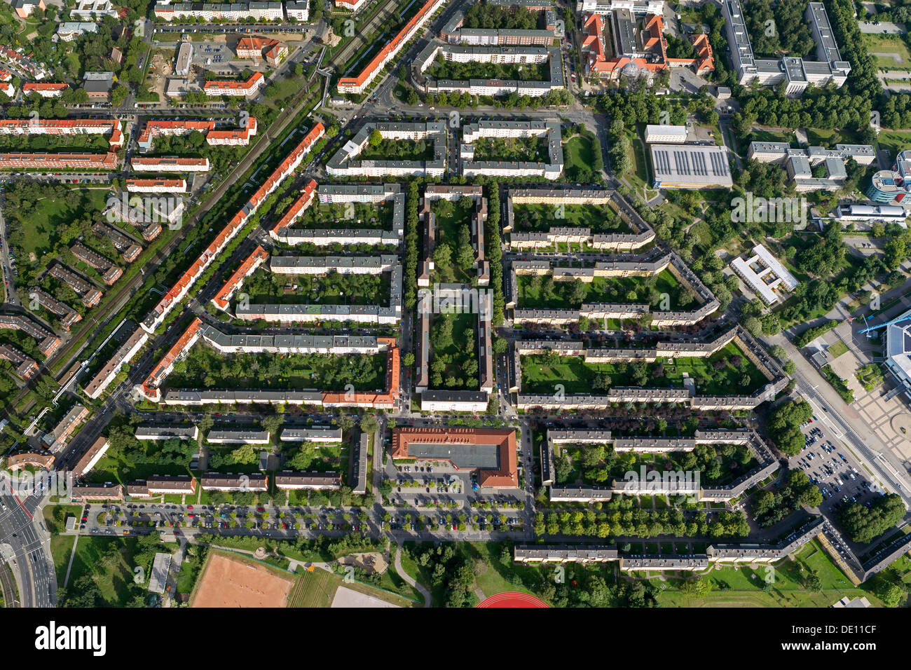 Aerial view, perimeter block development in the Hansa quarter Stock Photo