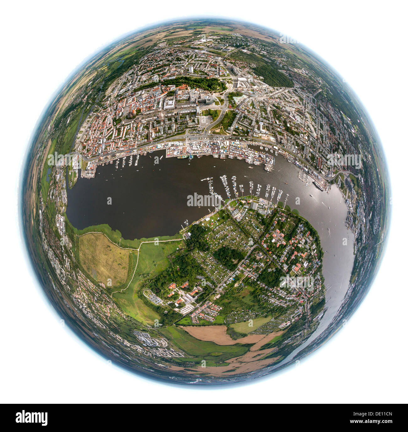 Aerial view, Stadthafen, historical harbour and Museum Harbour during the 'Hanse Sail' festival, fish eye view Stock Photo