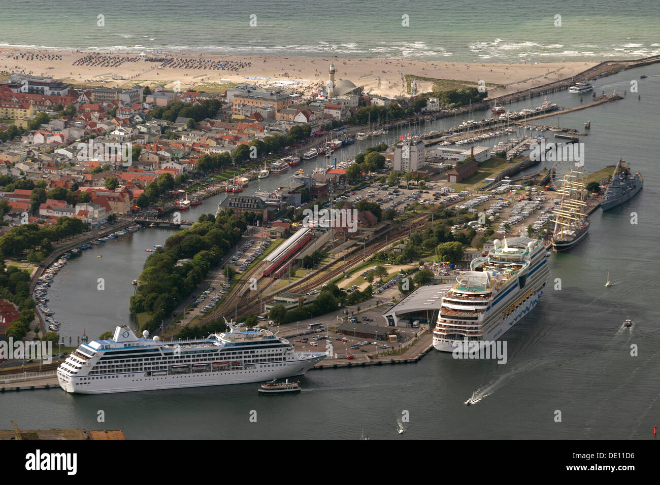 Aerial view, Warnemuende cruise ship docks, cruise ships Nautica, left, and AIDAblu, Am Passagierkai quay Stock Photo