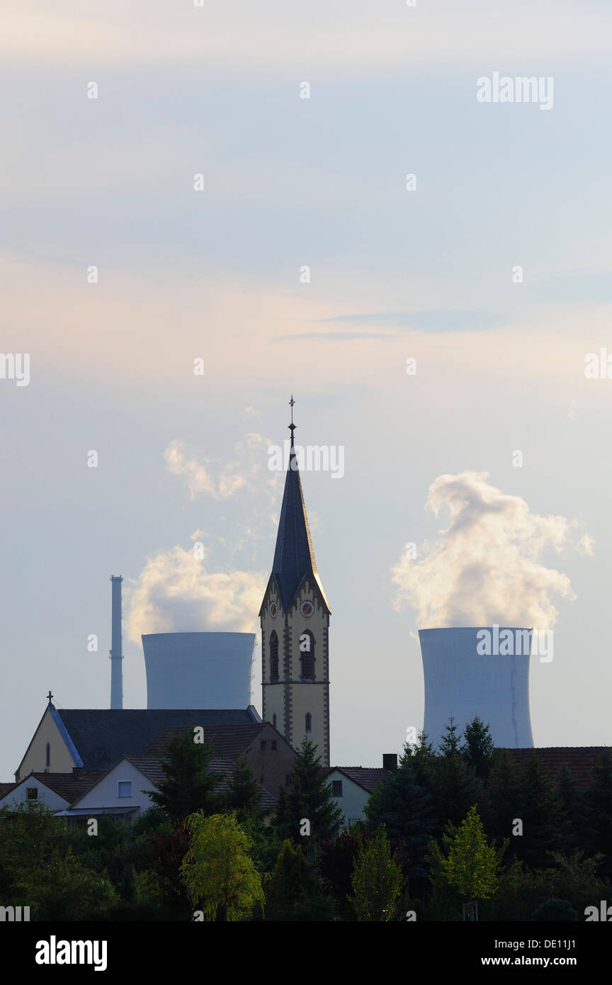Church of Roethlein in front of Grafenrheinfeld Nuclear Power Plant, Lower Franconia, Bavaria Stock Photo