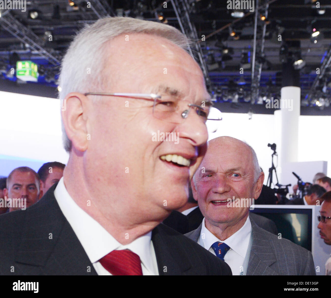 Frankfurt Main, Germany. 09th Sep, 2013. CEO of car manufacturer Volkswagen (VW), Martin Winterkorn (L) and chairman of the supervisory board of VW, Ferdinand Piech stand at the exhibition booth of Volkswagen AG at the press day of the Frankfurt Motor Show (IAA) in Frankfurt Main, Germany, 09 September 2013. Almost 1100 exhibitors will present their novelties at the automotive trade show from 12 till 22 September 2013. Photo: ULI DECK/dpa/Alamy Live News Stock Photo