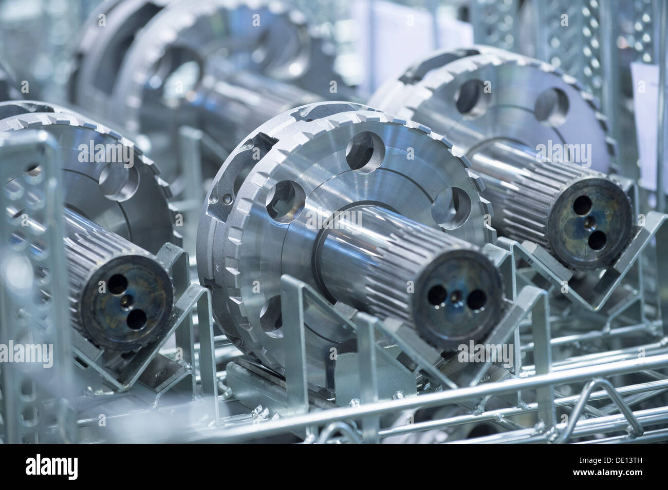 Completed transmission parts in a grid box, ZF Friedrichshafen AG, a gear factory Stock Photo