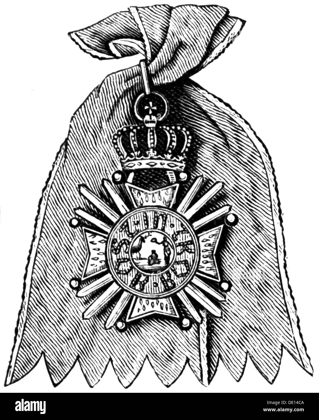 medals and decorations, Germany, Bavaria, Oder of Saint Hubert, founded 3.11.1444 by Duke Gerhard III of Juelich and Berg, wood engraving, 2nd half 19th century, Bavarian Order of Saint Hubert, Royal Order of the House of Wittelsbach, worldly Order of Chivalry, crosses, Maltese cross, Kingdom of Bavaria, Juelich-Berg, medal, decoration, medals, decorations, founded, founding, historic, historical, Additional-Rights-Clearences-Not Available Stock Photo