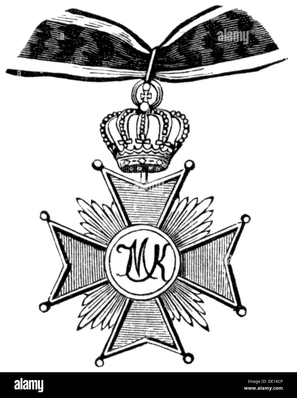 medals and decorations, Germany, Bavaria, Military Order of Max Joseph, founded 1.1.1806 by King Maximilian I of Bavaria, badge, wood engraving, 2nd half 19th century, Maltese cross, crosses, ribbon, ribbons, military order, orders of merit, Order of Merit, military, armed forces, Kingdom of Bavaria, historic, historical, Additional-Rights-Clearences-Not Available Stock Photo