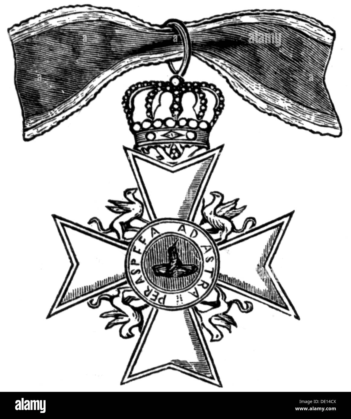 medals and decorations, Germany, Mecklenburg, House Order of the Wendish Crown, founded 12.5.1864 by Grand Duke Frederick Francis II of Mecklenburg-Schwerin and Grand Duke Frederick William of Mecklenburg-Strelitz, badge, wood engraving, 2nd half 19th century, orders of merit, Order of Merit, crosses, Maltese cross, Wendish crown, Grand Duchy of Mecklenburg - Schwerin, Grand Duchy of Mecklenburg - Strelitz, medal, decoration, medals, decorations, historic, historical, Additional-Rights-Clearences-Not Available Stock Photo