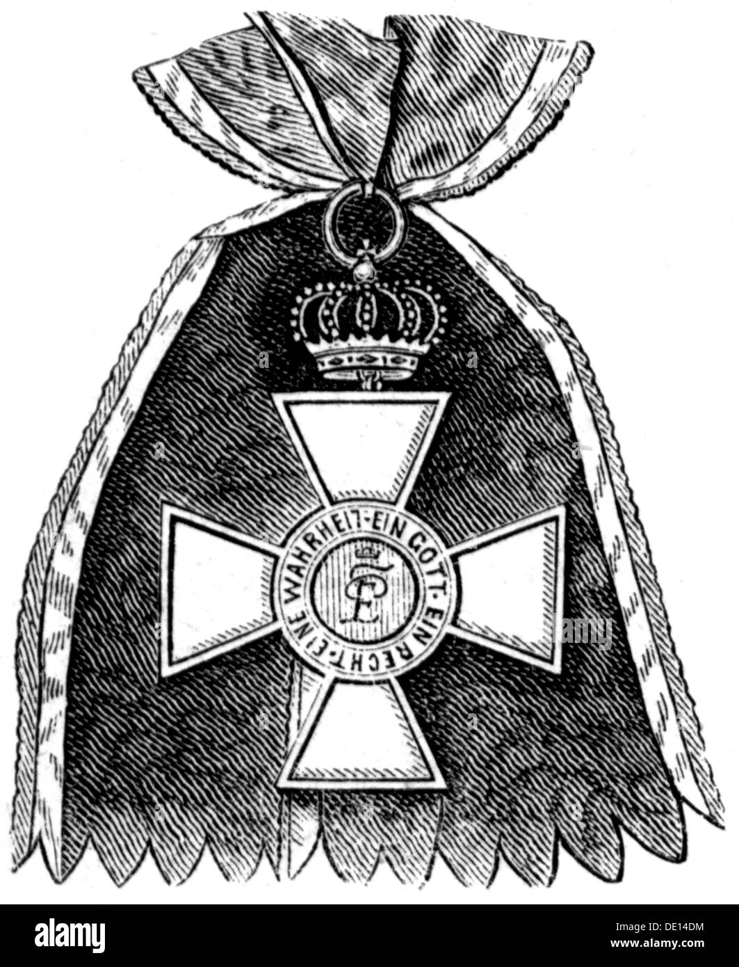 decorations, Germany, Oldenburg, House and Merit Order of Duke Peter Frederick Louis, founded 27.11.1838 by Grand Duke August of Oldenburg, badge, wood engraving, 2nd half 19th century, cross, crosses, ribbon, ribbons, Grand Duchy of Oldenburg, Duke, medal, decoration, medals, decorations, historic, historical, Additional-Rights-Clearences-Not Available Stock Photo