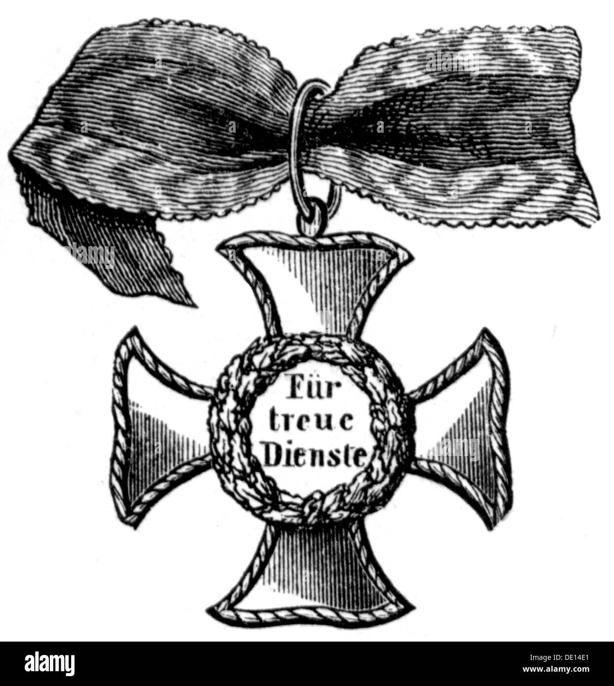 decorations, Germany, Reuss (Younger line), Cross of Honor, founded 20.10.1857 by Prince Henry LXVII of Reuss, badge, wood engraving, 2nd half 19th century, civil cross of honor, civil order, Order of Merit, ribbon, ribbons, Principality Reuss, medal, decoration, medals, decorations, line, lines, honor cross, honour cross, honor crosses, honour crosses, historic, historical, Additional-Rights-Clearences-Not Available Stock Photo