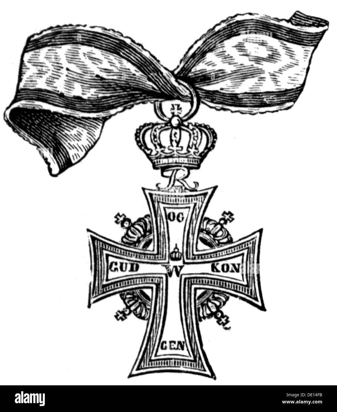 medals and decorations, Denmark, Dannebrog Order, instituted 1671 by King Christian V on Denmark, badge, wood engraving, 2nd half 19th century, Order of Chivalry, chivalric order, orders of merit, Order of Merit, cross, crosses, ribbon, ribbons, crown, crowns, Kingdom of Denmark, historic, historical, Additional-Rights-Clearences-Not Available Stock Photo