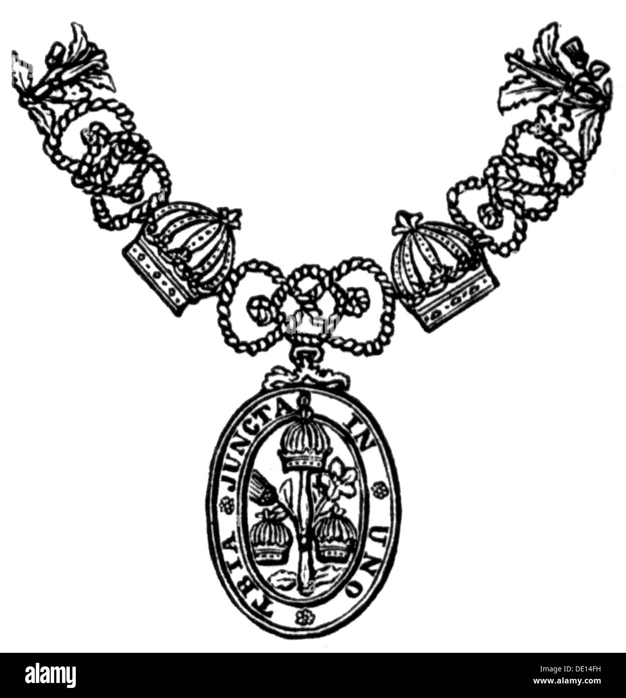 medals and decorations, Great Britain, Order of the Bath, founded 1399 by King Henry IV of England, badge and part of the collar of the Knight Grand Cross, wood engraving, 2nd half 19th century, Order of Chivalry, chivalric order, orders of merit, cross, crosses, collar, United kingdom of Great Britain and Ireland, British Empire, historic, historical, Additional-Rights-Clearences-Not Available Stock Photo