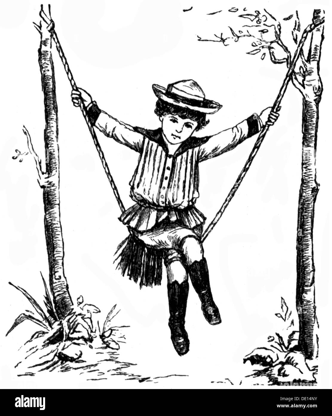 fashion, children's fashion, boy on a swing, wood engraving, 1883, Additional-Rights-Clearences-Not Available Stock Photo