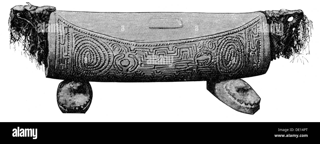 music, instruments, percussion instrument, drum, signal drum from the mouth of the Ramu river, Papua New Guinea, wood engraving, circa 1895, Additional-Rights-Clearences-Not Available Stock Photo