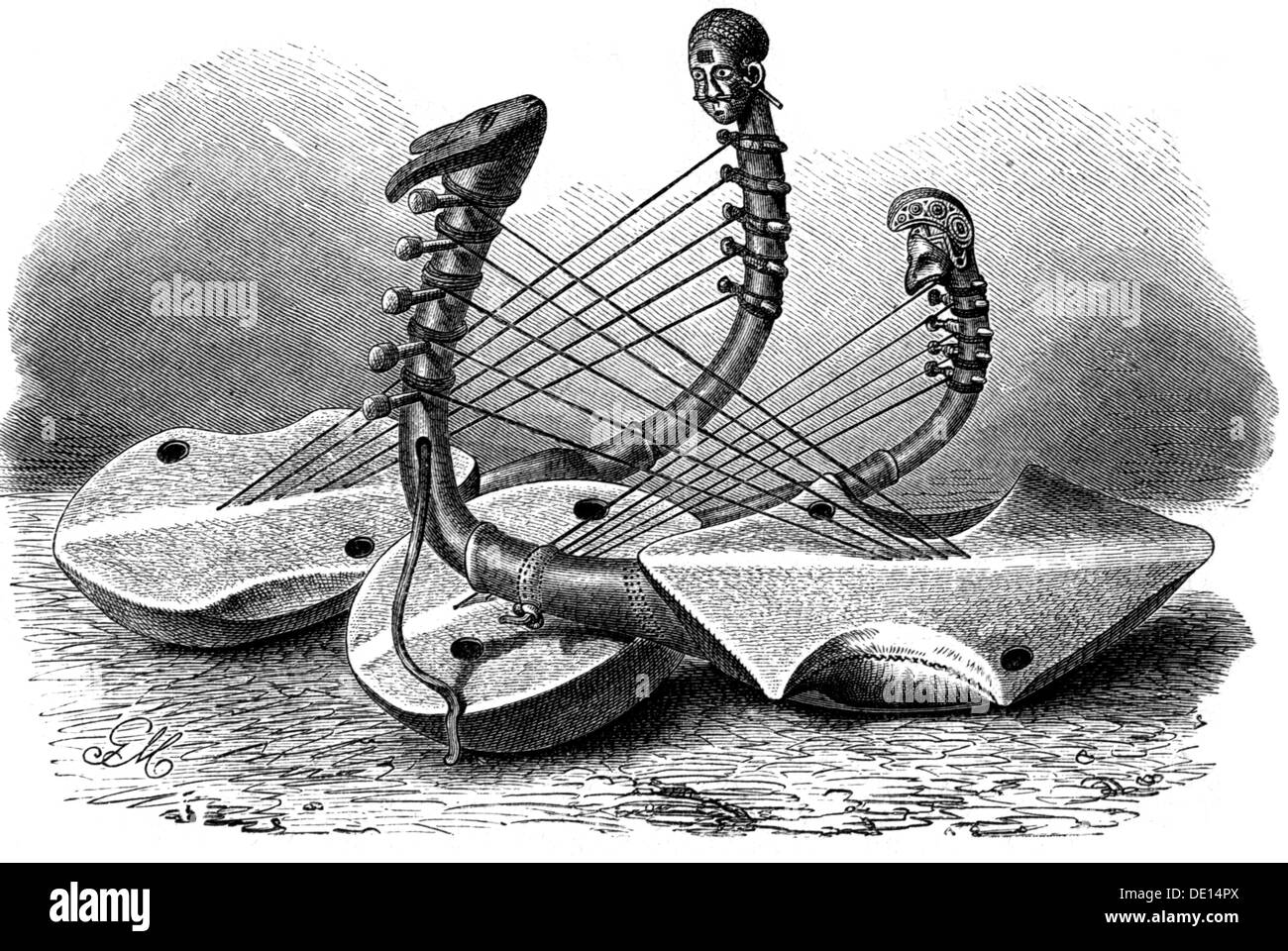 music, instruments, plucked instrument, harps of the Zande, Africa