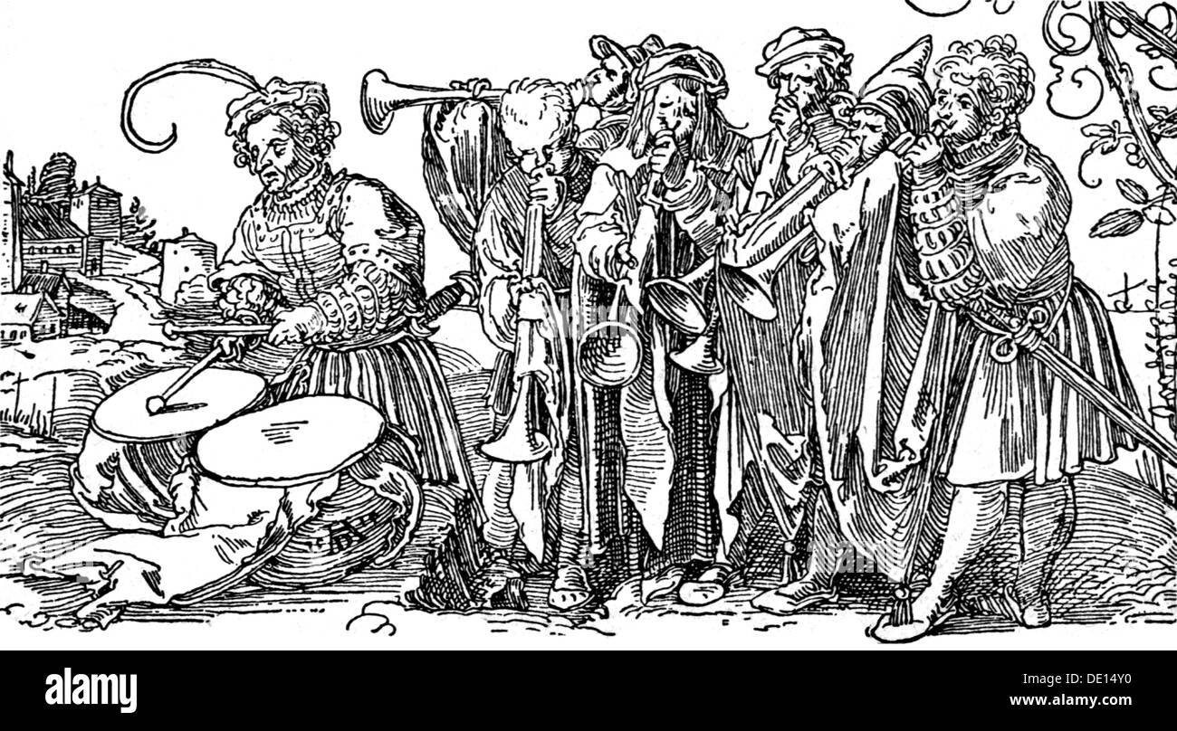 music, music group, band with trumpets and kettle drum, copper