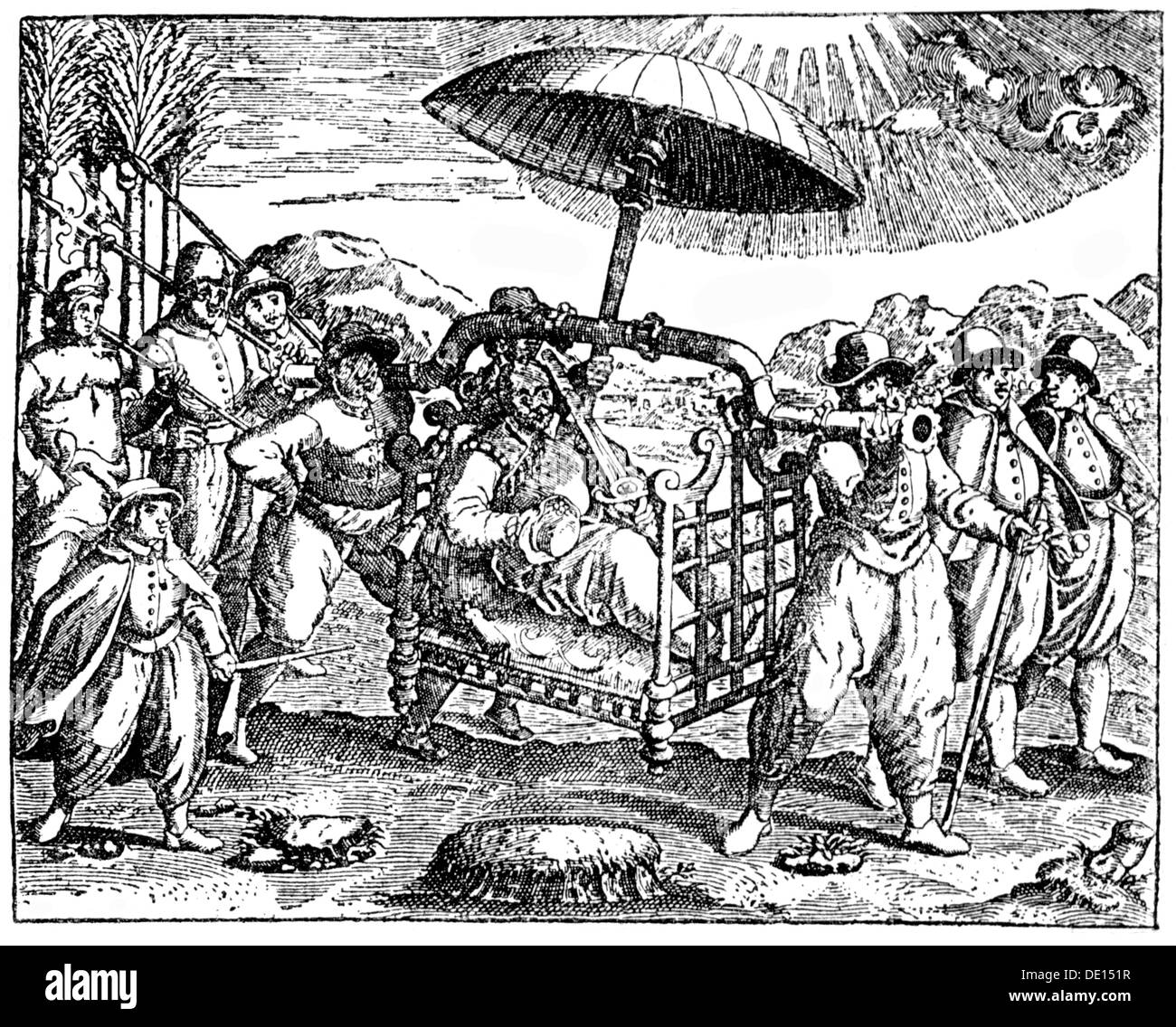 transport / transportation, sedan chair, leader of a Portuguese expedition in India is carried in a sedan chair, woodcut, 16th century, 16th century, Asia, India, Portugal, expedition, expeditions, colonialism, transporting, servant, servants, manservant, menservants, carrying, carry, shade, shades, sunshade, sunshades, protection, half length, going, go, walking, walk, transport, transportation, leader, leaders, sedan chair, sedans, sedan chairs, woodcut, woodcuts, historic, historical, man, men, male, people, Additional-Rights-Clearences-Not Available Stock Photo