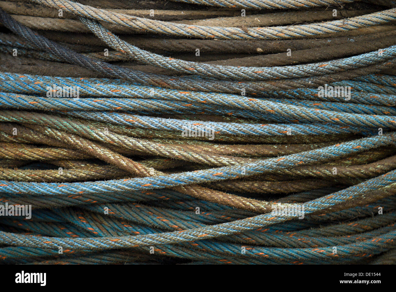 Blue and brown ropes in the fishing port of Hvide Sande, Jutland, Denmark, Europe Stock Photo