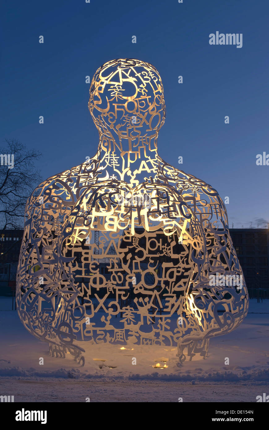 'Body of Knowledge', sculpture by Jaume Plensa, a collage of iron letters, early morning on the Campus Westend of Goethe Stock Photo