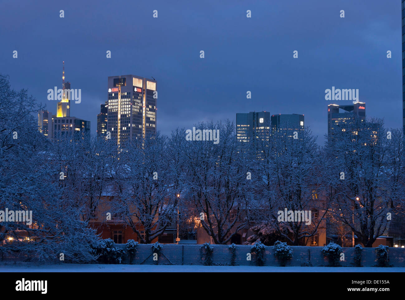 Wintry morning with skyscrapers, Commerzbank Tower, Park Tower, Opernturm tower, German Bank I and II, Trianon, Westend Stock Photo