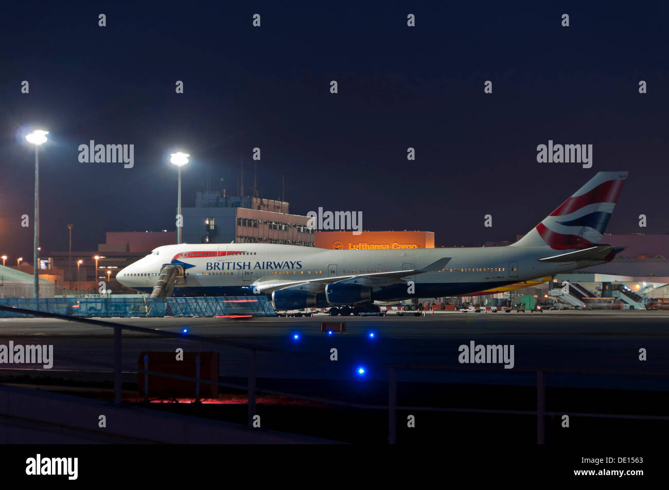 British Airways Boeing 747-436 at the CargoCity North Terminal of Frankfurt Airport at Night, Frankfurt, Hesse, PublicGround Stock Photo